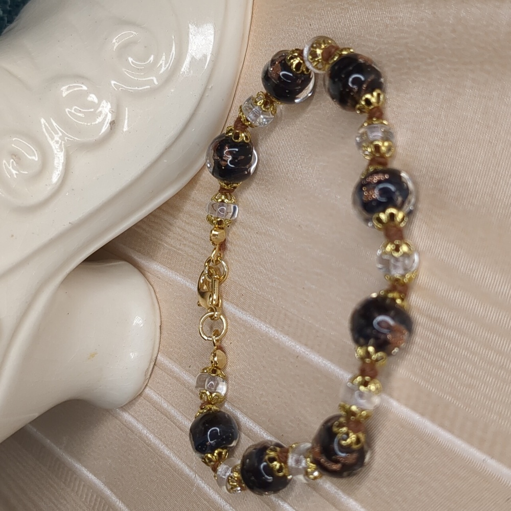Vintage Art Glass Beaded Bracelet Black w/Gold Confetti Handmade Asian Style